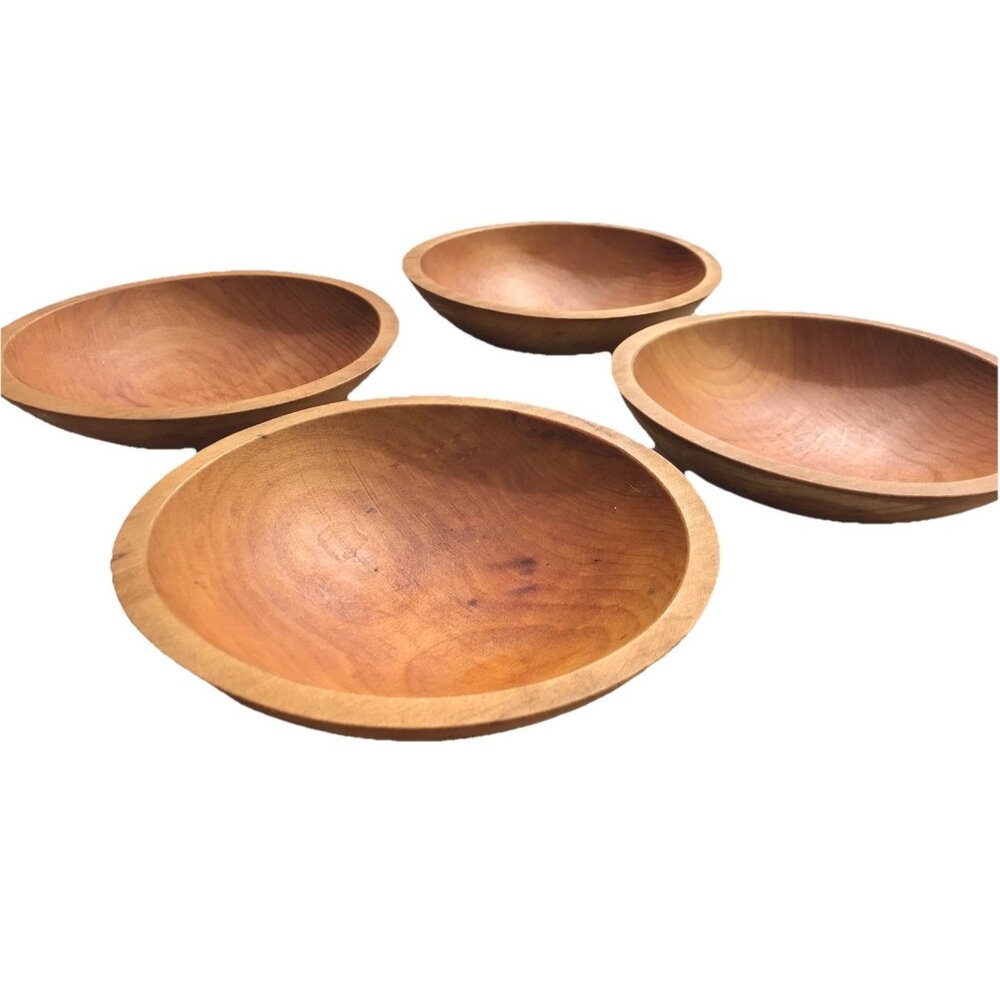 Vtg Hand Turned 9” Shallow Wood Bowl Salad Bread Primitive Set 4 MCM Farmhouse
